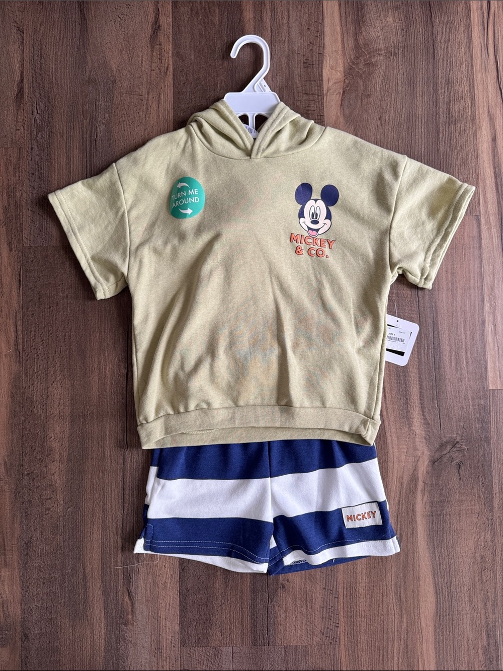 Disney Kids Mickey Green Hoodie and Navy/White Striped Shorts Set